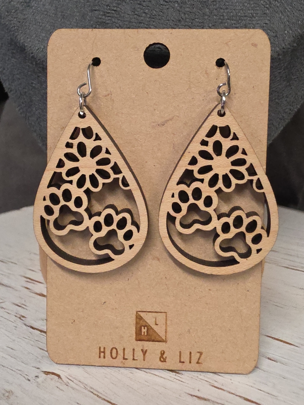 Holly & Liz Teardrop Wood Paw Print & Flower Earrings - Natural Wood